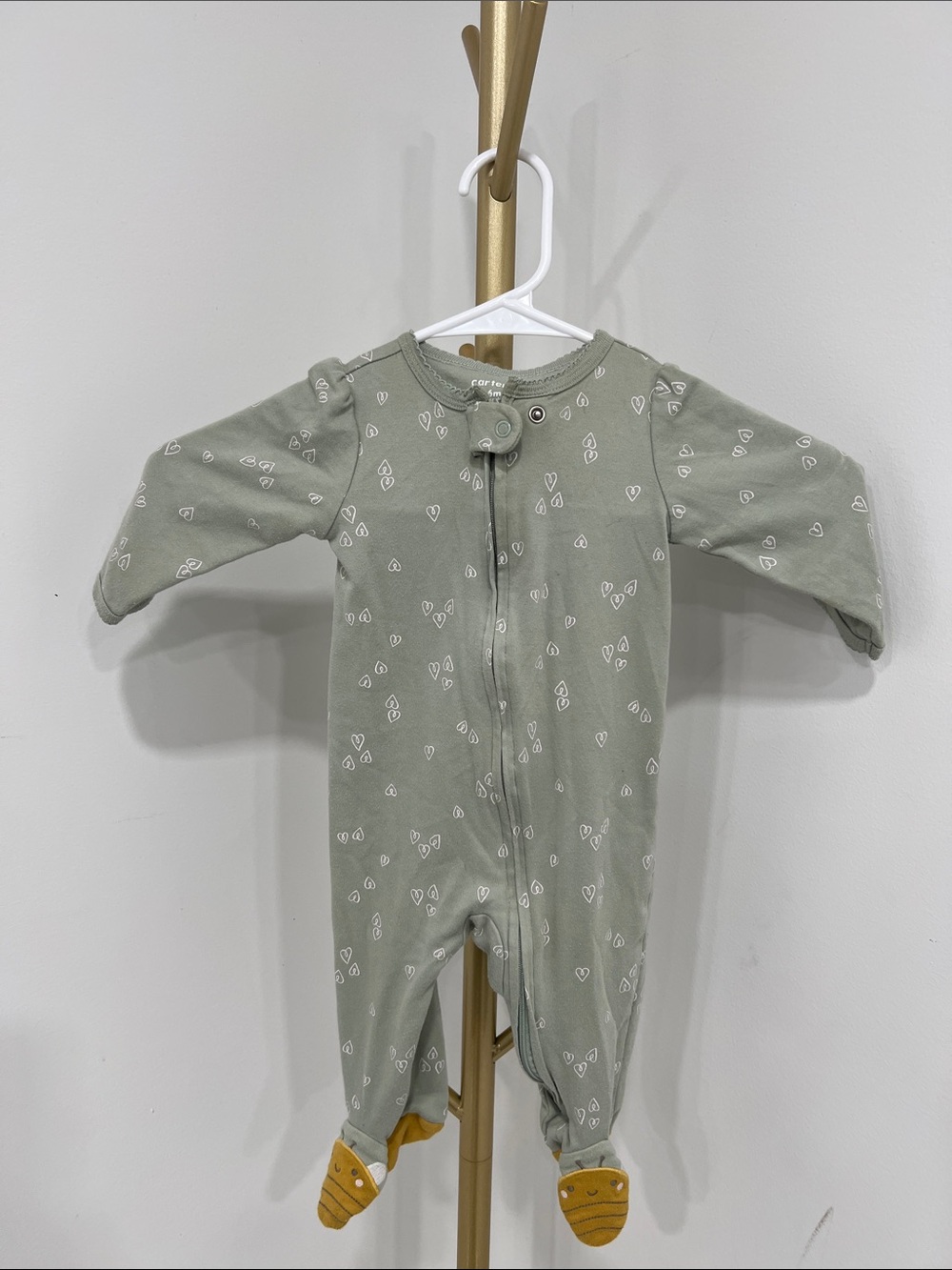 Carter's Sage Green Heart-Print Footed One-Piece